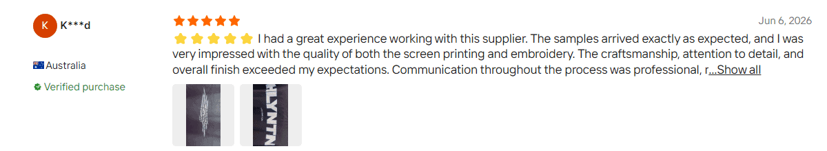 Alibaba verified buyer review for custom apparel samples