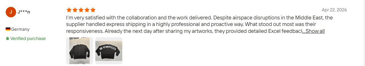 Alibaba verified buyer review for custom gym apparel and shipping support