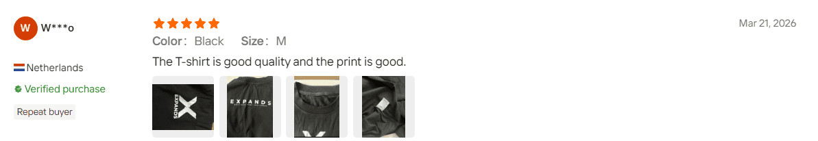 Alibaba verified repeat buyer review for a custom black T-shirt