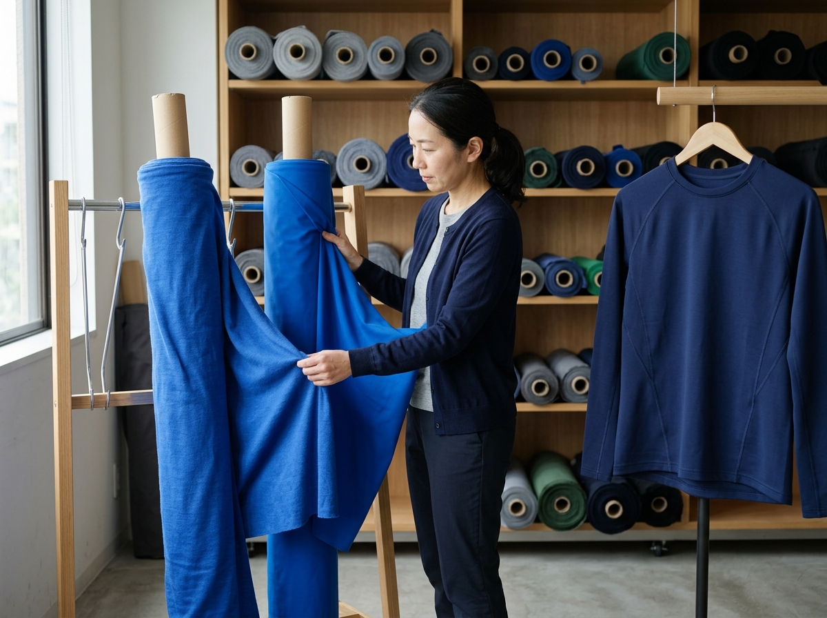 Best Fabric for Activewear: buyer measuring fabric weight and stretch beside a sample garment and test sheet