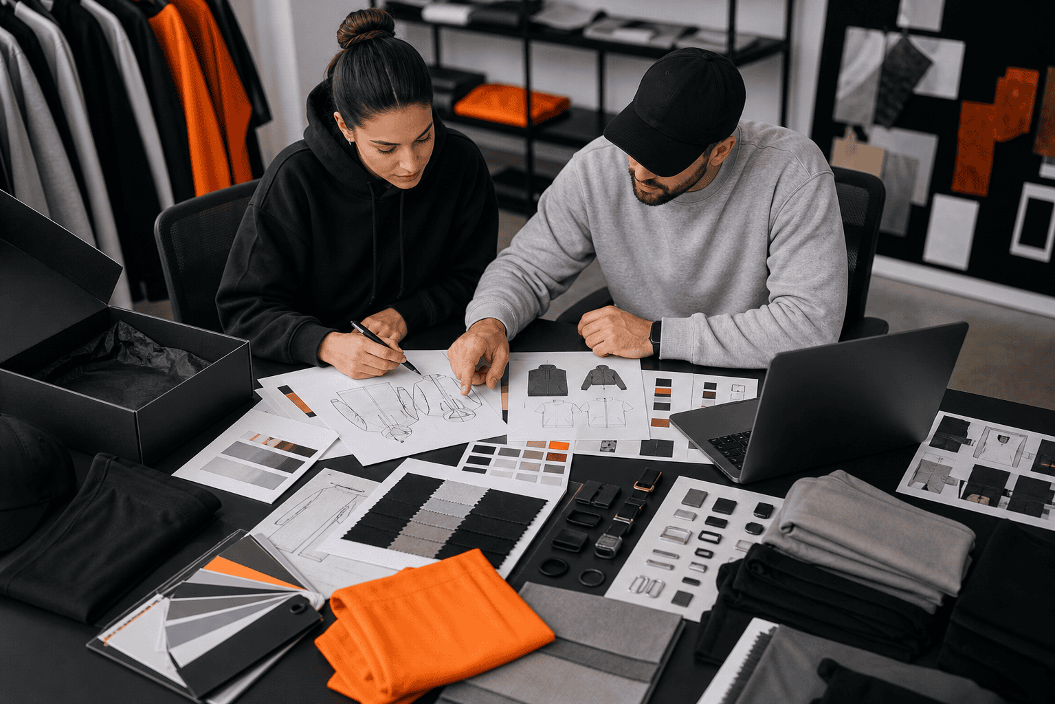 Apparel designer consultation with tech packs, fabric swatches, trim cards, sketches and activewear samples for custom clothing development