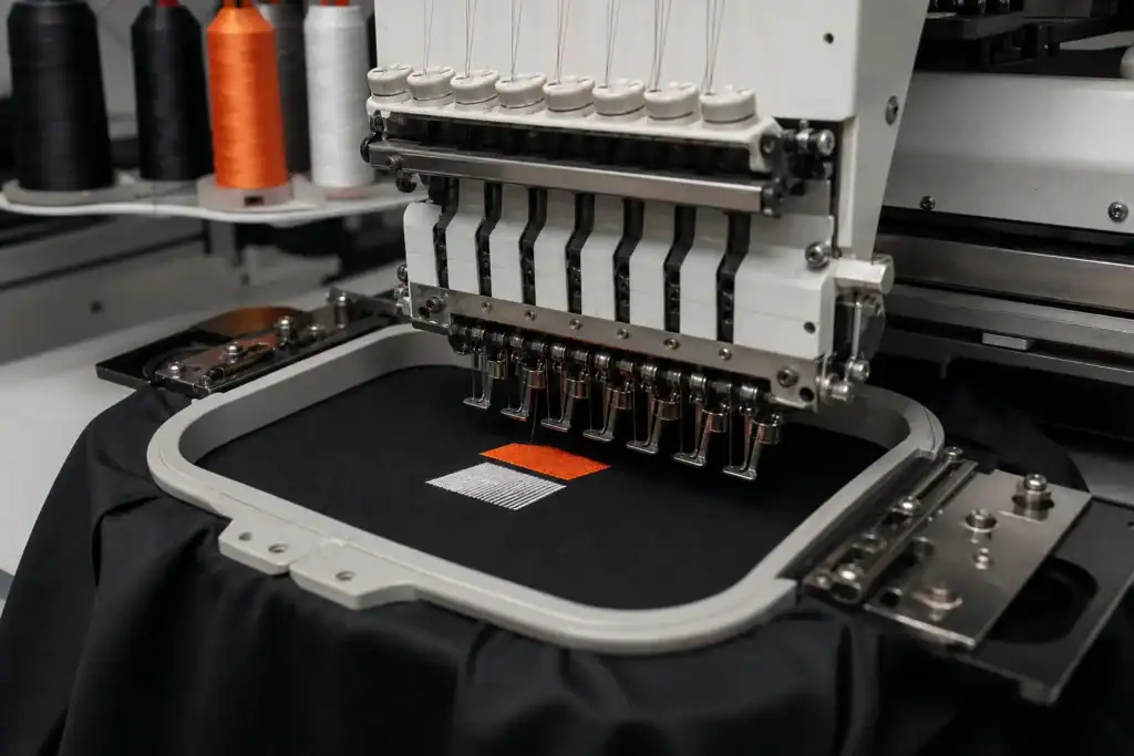 AI-generated illustrative industrial embroidery test on plain performance fabric