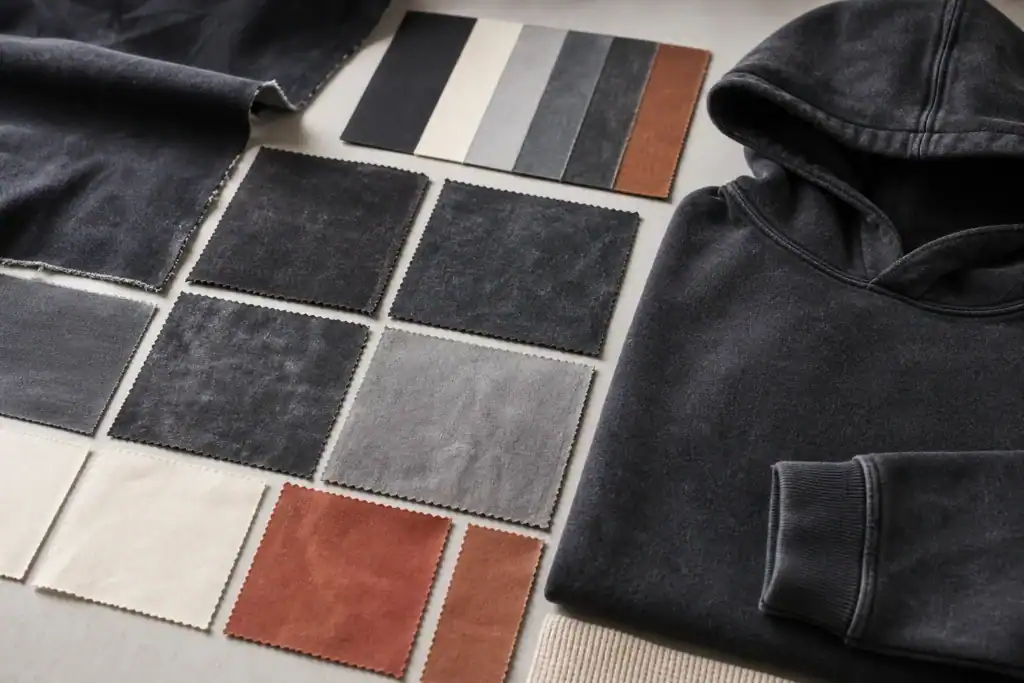 AI-generated illustrative garment washing and finishing effect tests on plain hoodie fabric