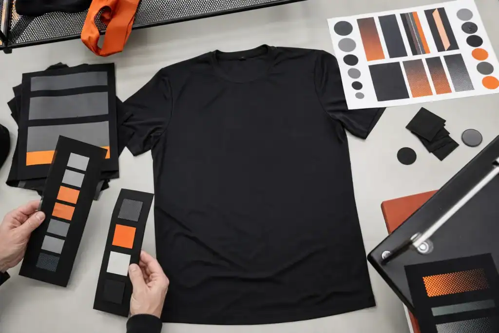 AI-generated illustrative print, transfer and badge placement tests on plain activewear