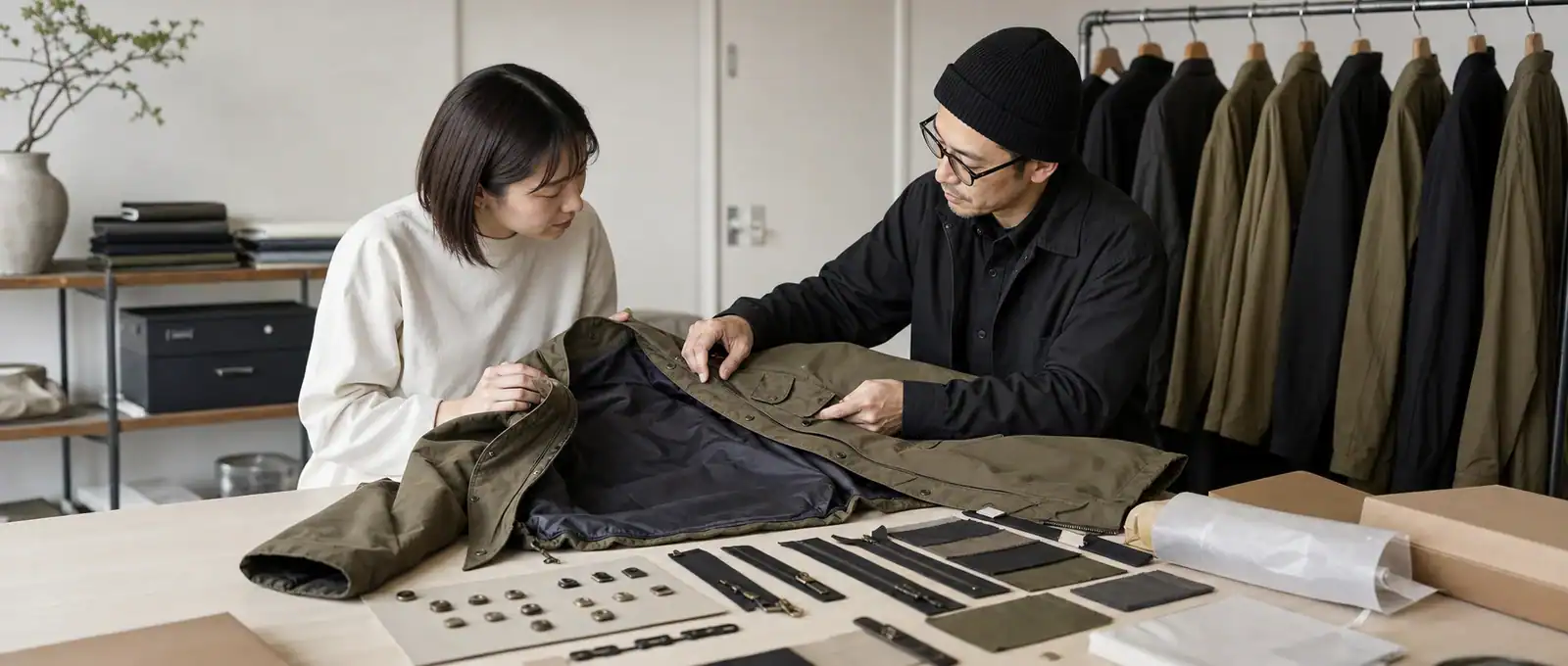 AI-generated illustrative scene of small-batch jacket sample and trim review