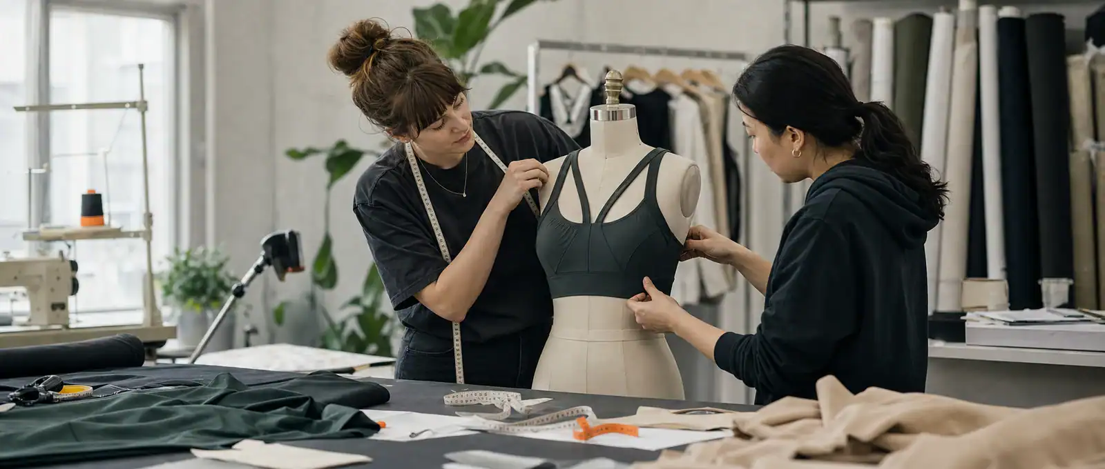 AI-generated illustrative scene of functional sports bra development on a fit mannequin