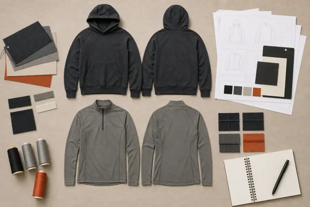 AI-generated illustrative apparel concept board with front and back garment mockups, fabrics and trims