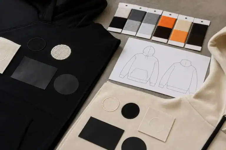 AI-generated illustrative embroidery and print placement tests on plain apparel samples
