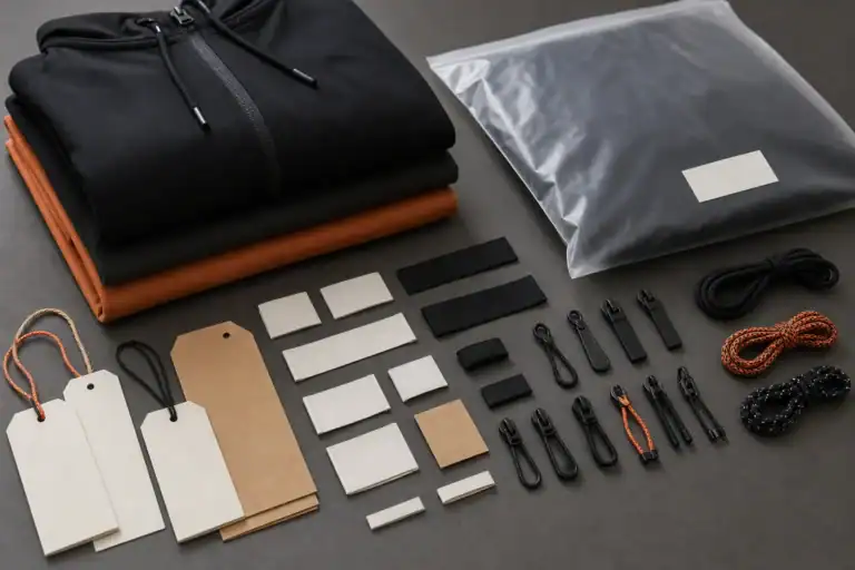 AI-generated illustrative apparel trim, label, drawcord and packaging concept review