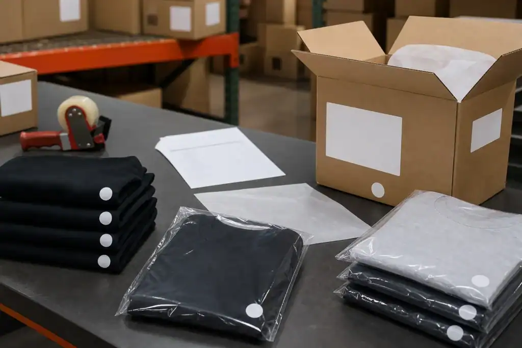 AI-generated illustrative apparel packing specification check with garments, polybags and cartons