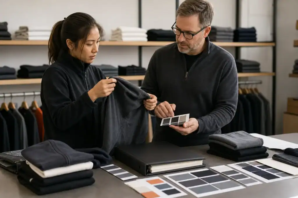 AI-generated illustrative repeat apparel order review with retained samples, fabrics and specification binder