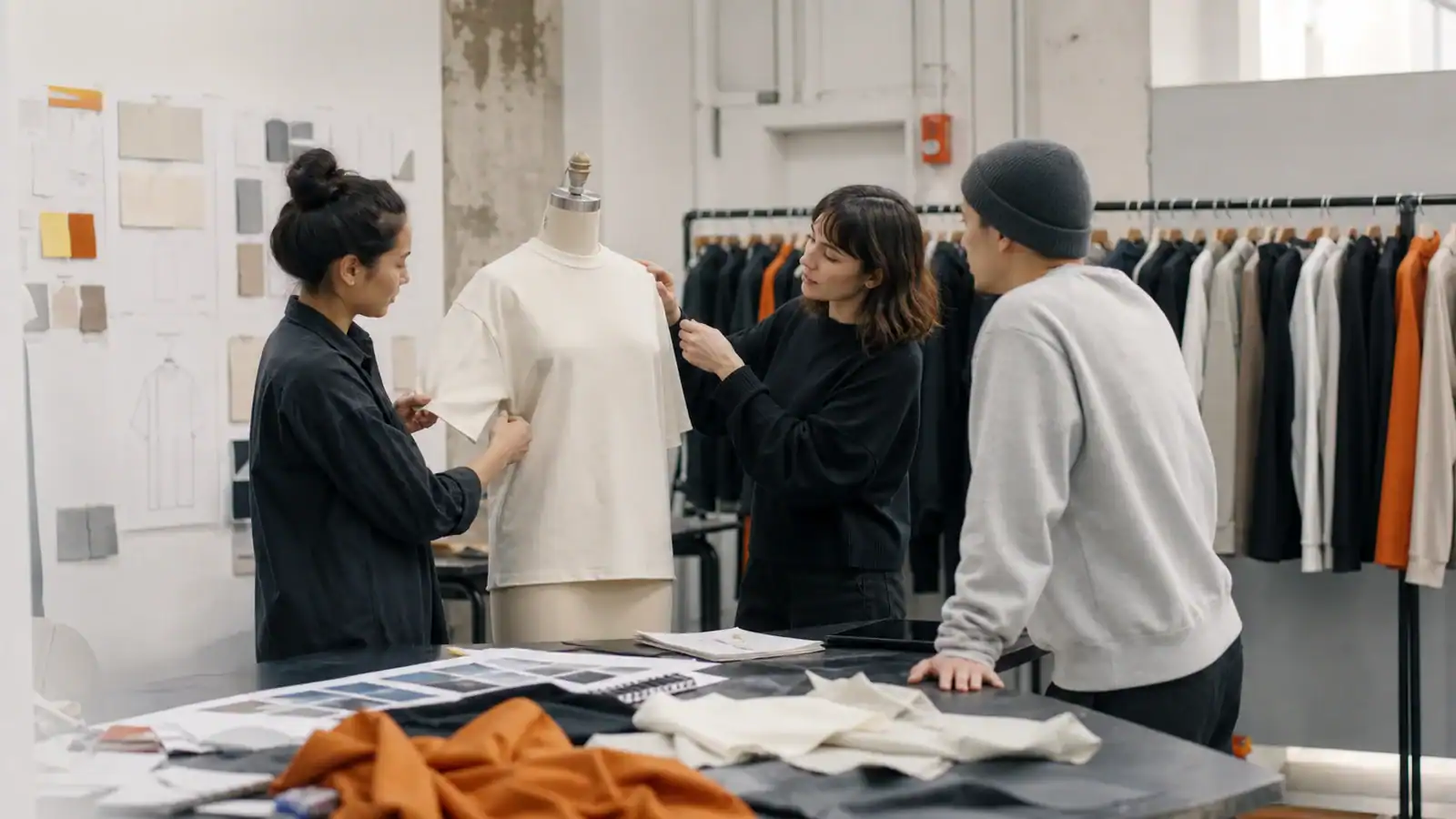 AI-generated illustrative apparel team checking fit and construction on a dress form