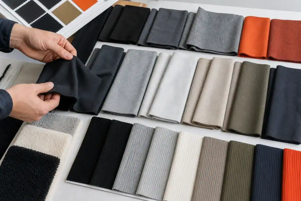 AI-generated illustrative apparel fabric library with jersey, fleece, rib and performance knit options