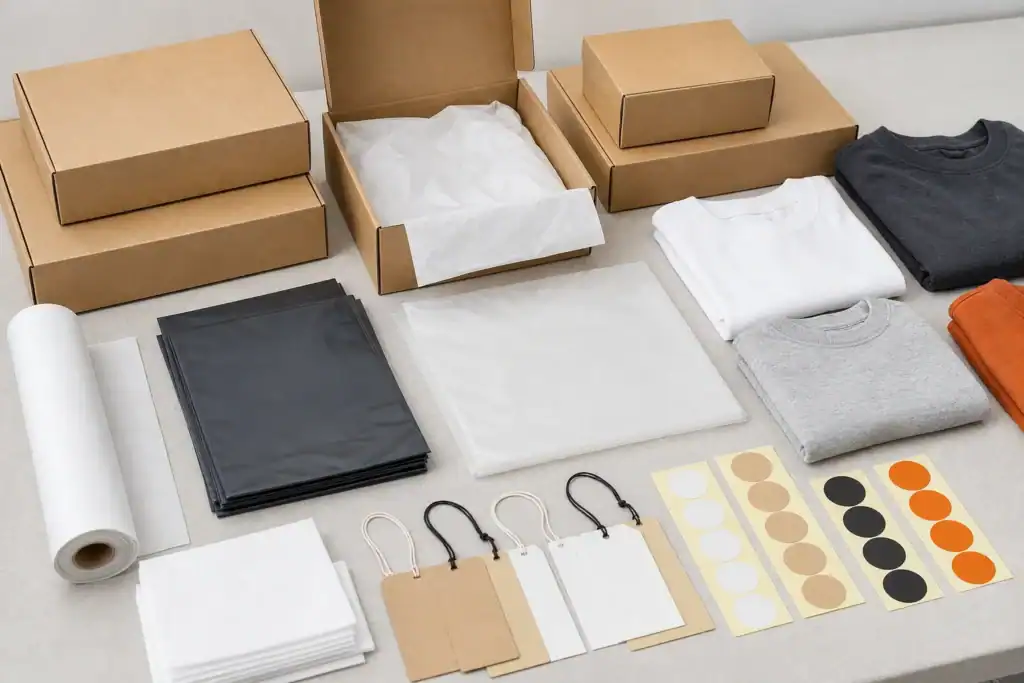 AI-generated illustrative apparel packaging materials with boxes, polybags, tags and folded garments