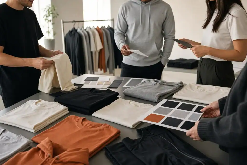 AI-generated illustrative e-commerce apparel assortment planning with plain garments and fabrics