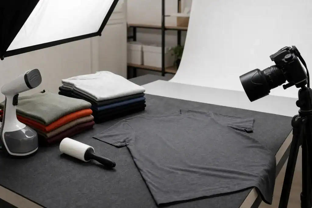 AI-generated illustrative apparel product preparation for e-commerce catalog photography