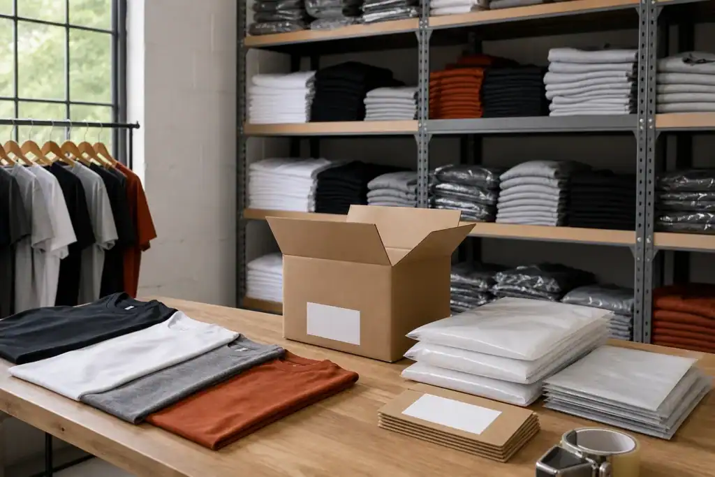 AI-generated illustrative organized apparel inventory and order preparation for an online seller