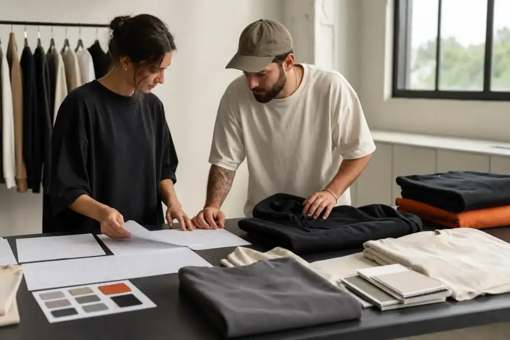 AI-generated illustrative creator and apparel developer reviewing an unbranded merch collection