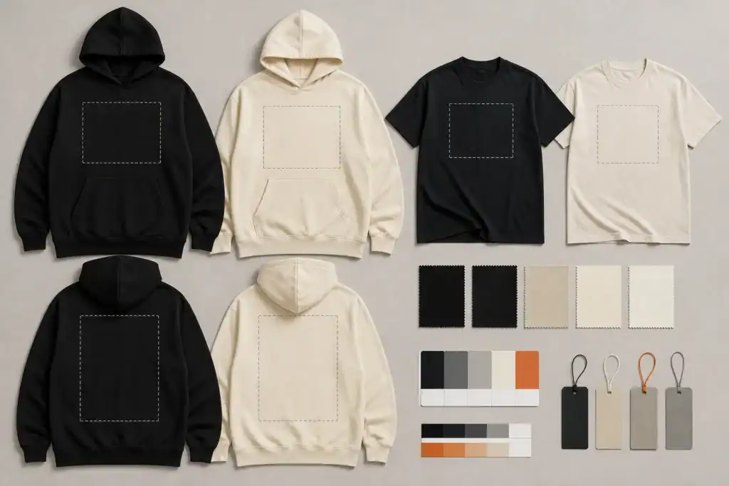 AI-generated illustrative plain hoodies and T-shirts with blank print placement guides