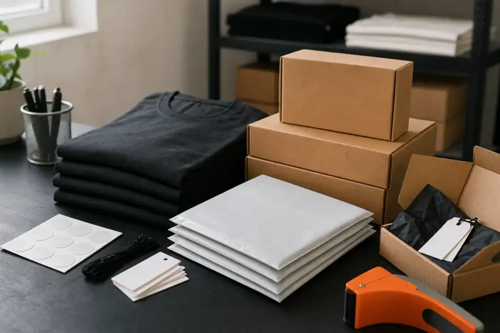 AI-generated illustrative small merchandise drop packing preparation with unbranded garments