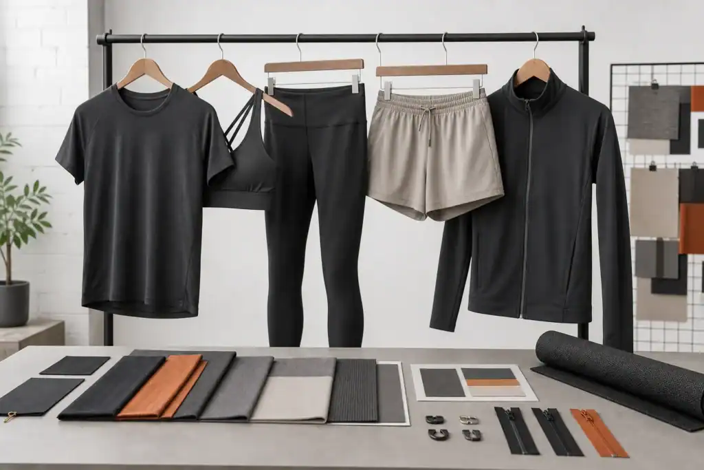 AI-generated illustrative unbranded activewear capsule with tops, leggings, shorts and zip layer