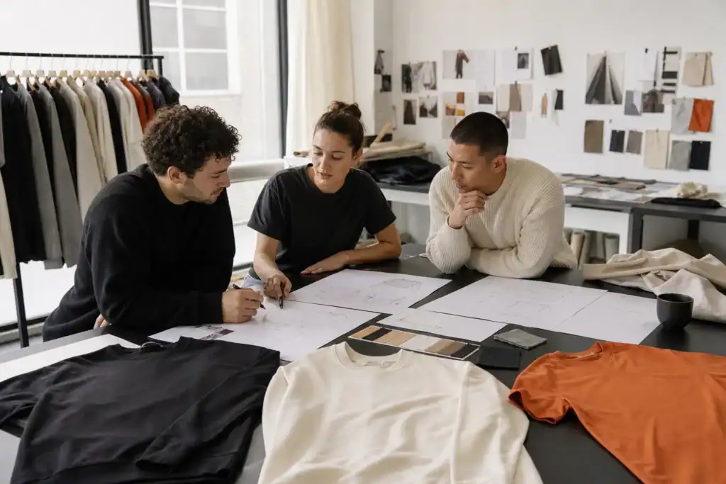 AI-generated illustrative founders and designer planning a first unbranded apparel capsule