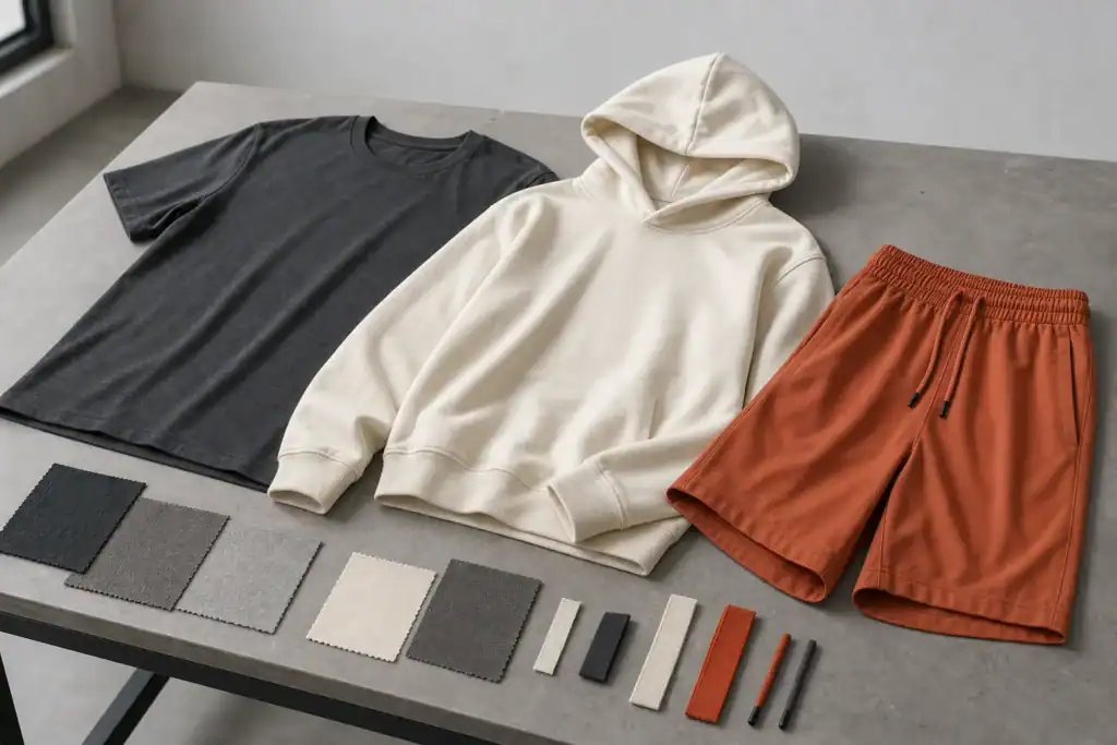 AI-generated illustrative plain T-shirt, hoodie and training shorts for a startup apparel capsule