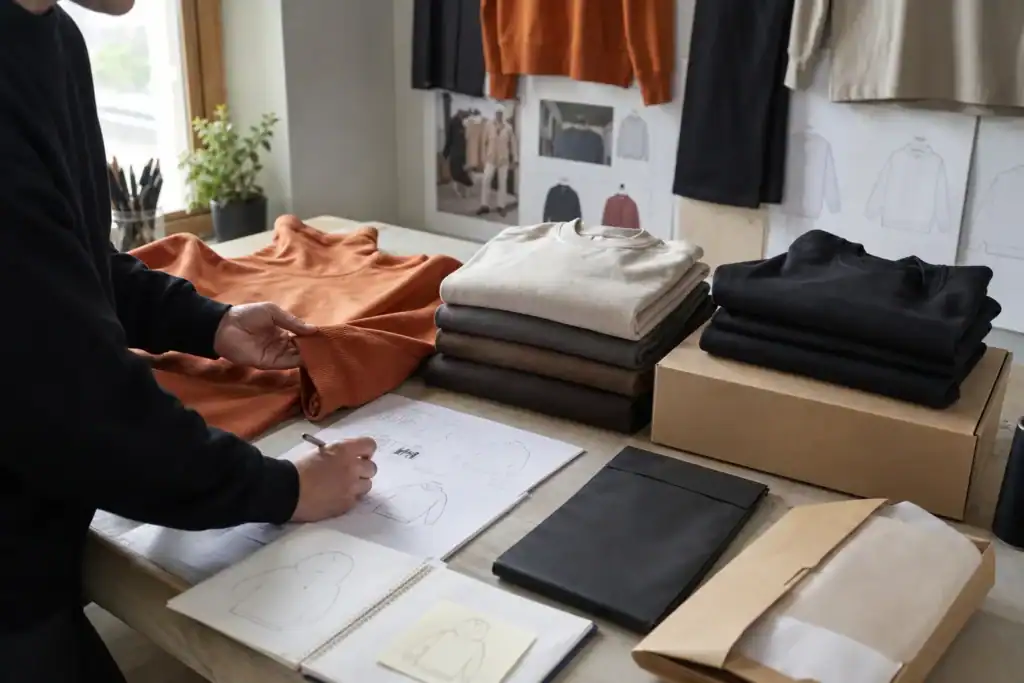 AI-generated illustrative small-batch apparel prototype and packaging review