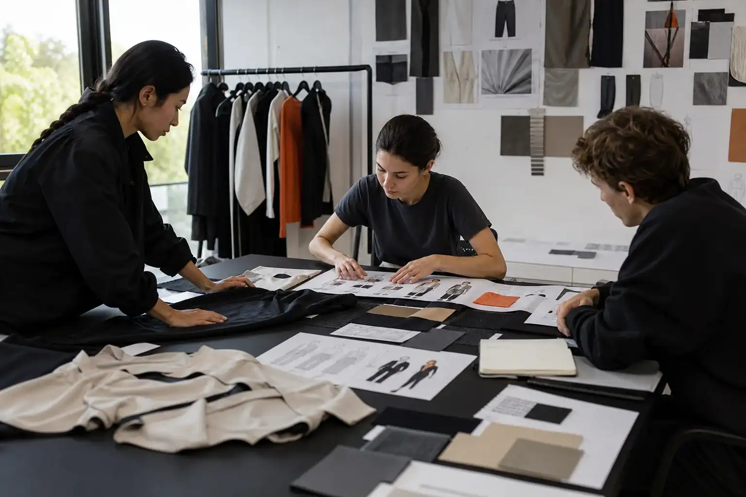 AI-generated illustrative in-house apparel team reviewing a custom activewear capsule