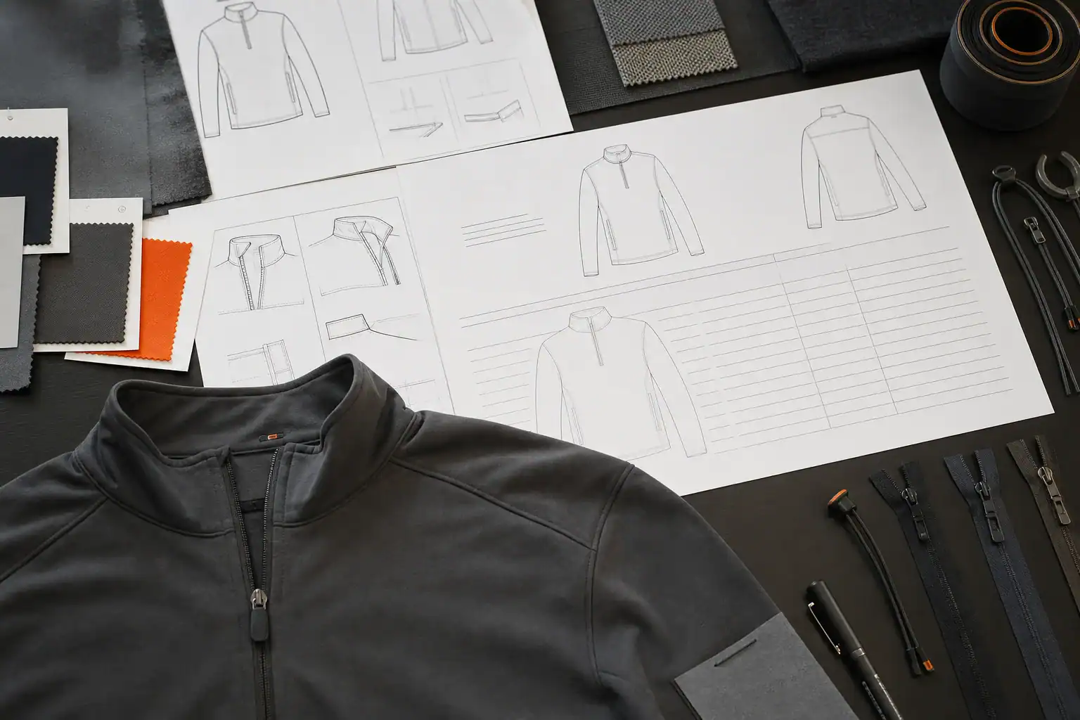 AI-generated illustrative apparel design input review with technical flats, fabrics and trims