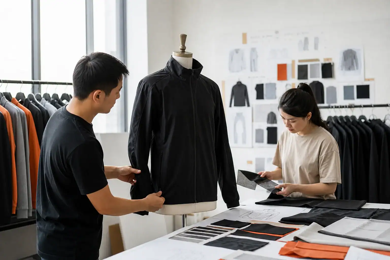 AI-generated illustrative designer checking garment fit, construction and fabric options