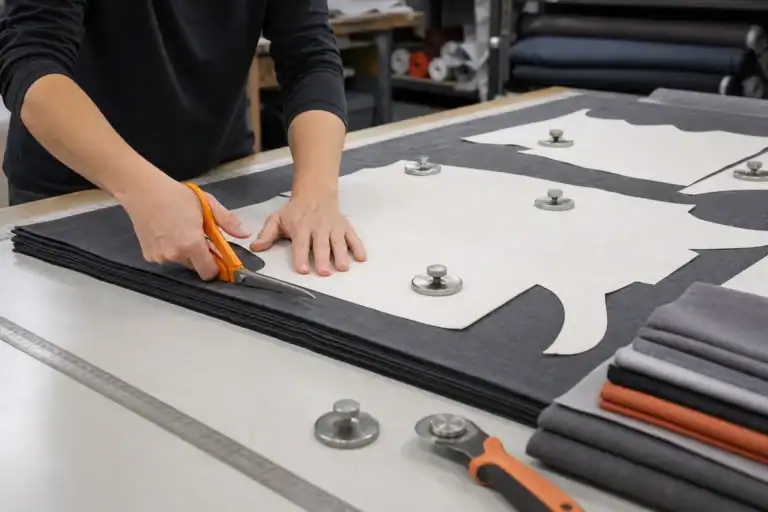 AI-generated illustrative fabric cutting stage for custom activewear production