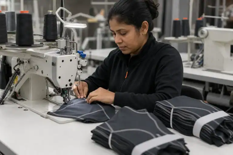 AI-generated illustrative industrial sewing of performance garment panels