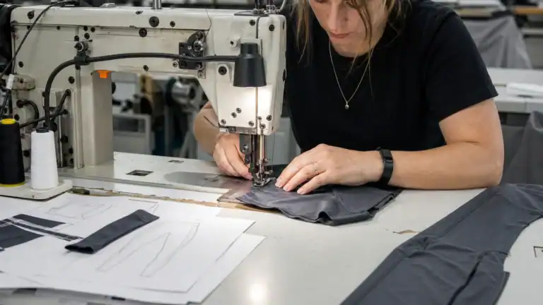 AI-generated illustrative sample maker sewing the first activewear prototype