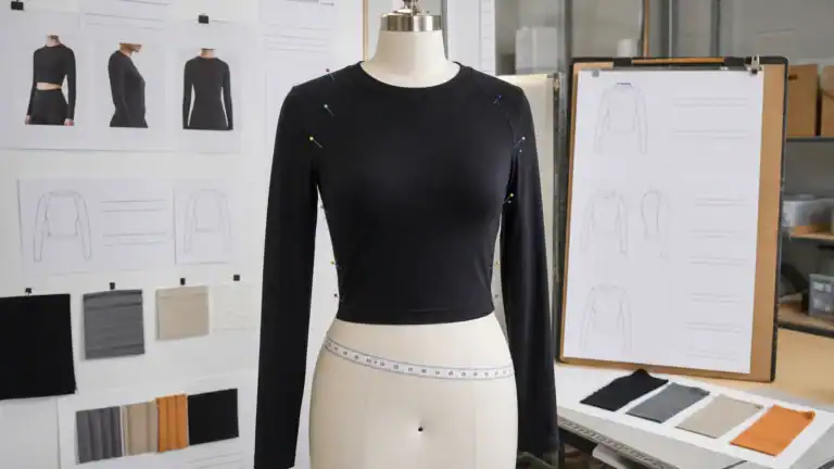 AI-generated illustrative activewear fit correction review on a dress form
