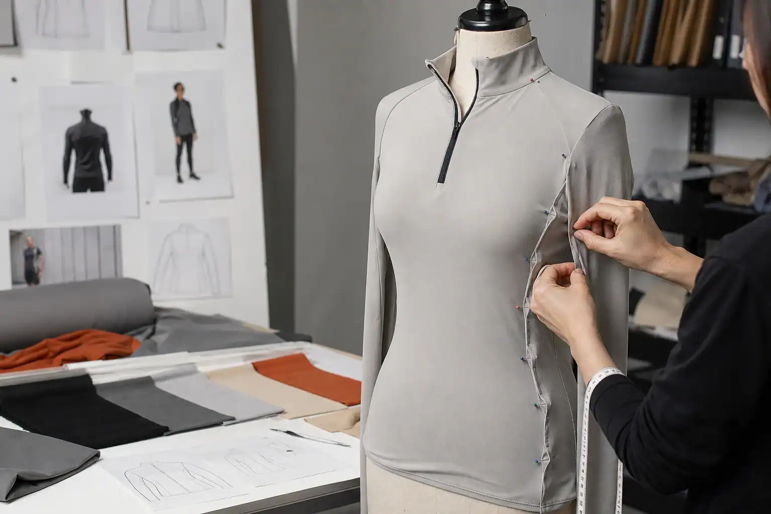 AI-generated illustrative prototype fit correction on a dress form