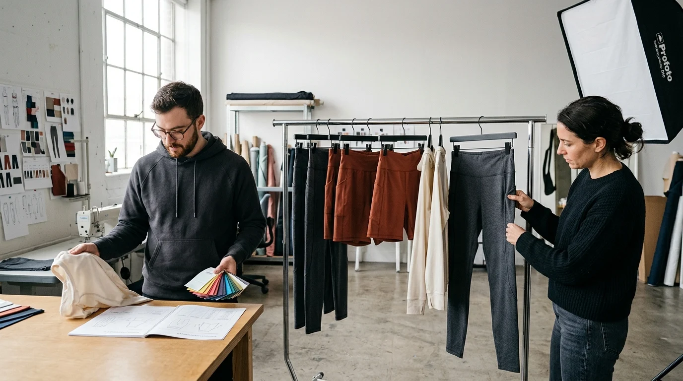 How to Find a Low MOQ Activewear Manufacturer: activewear sourcing desk with samples, fabric swatches, and a tech pack