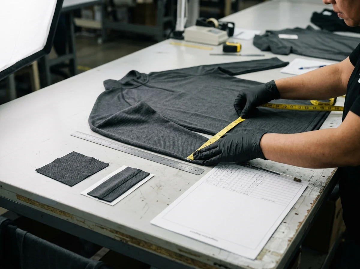 How to Find a Low MOQ Activewear Manufacturer: buyer measuring an activewear sample and recording wash and stretch test results