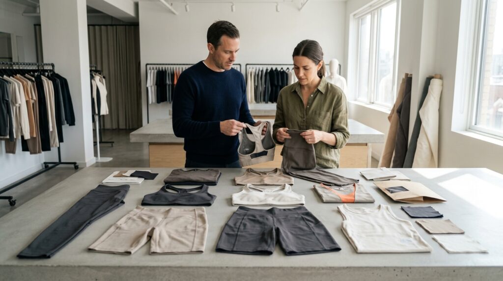 How to Start an Activewear Brand - founder reviewing a finished activewear capsule before launch
