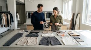 How to Start an Activewear Brand - founder reviewing a finished activewear capsule before launch