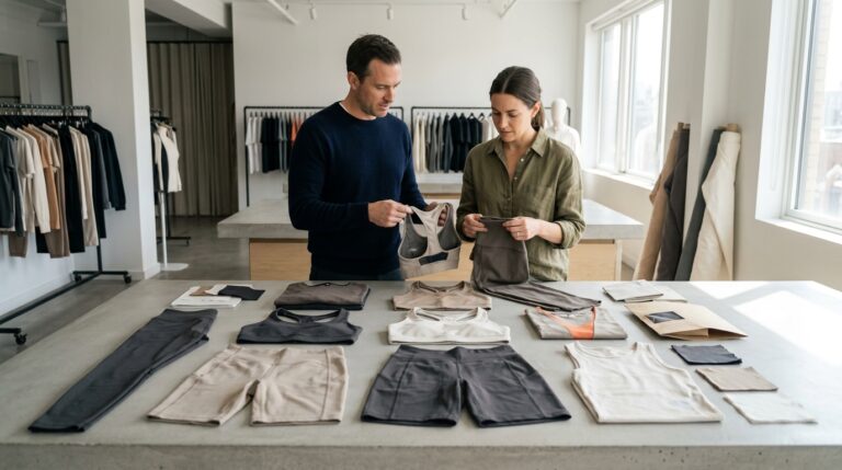 How to Start an Activewear Brand - founder reviewing a finished activewear capsule before launch