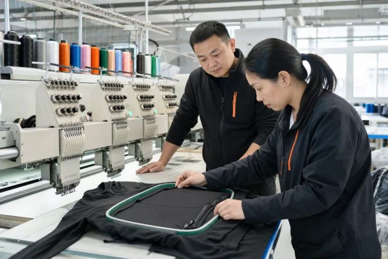 AI-generated illustration of Chinese embroidery technicians preparing apparel decoration