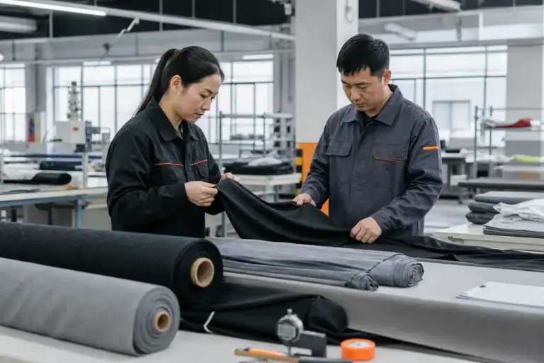 AI-generated illustration of Chinese apparel workers inspecting activewear fabric