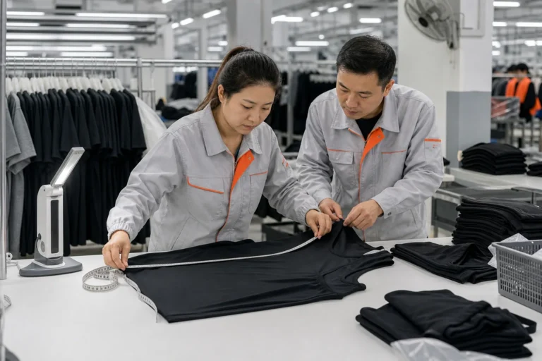 AI-generated illustration of Chinese quality inspectors measuring finished activewear