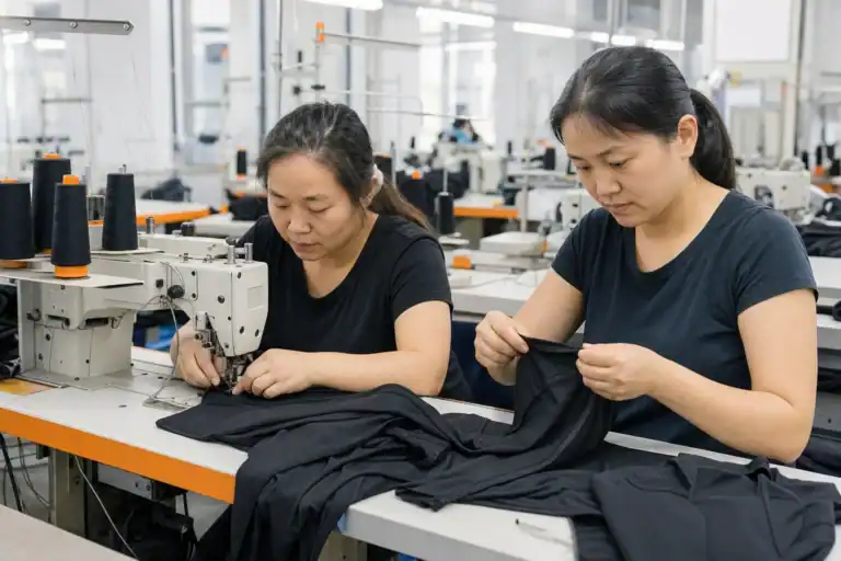 AI-generated illustration of Chinese sewing technicians assembling activewear