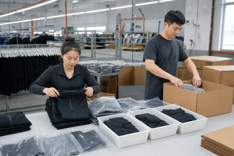 AI-generated illustration of Chinese apparel workers folding and packing finished activewear