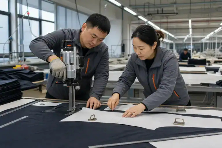 AI-generated illustration of Chinese apparel workers aligning patterns and cutting fabric
