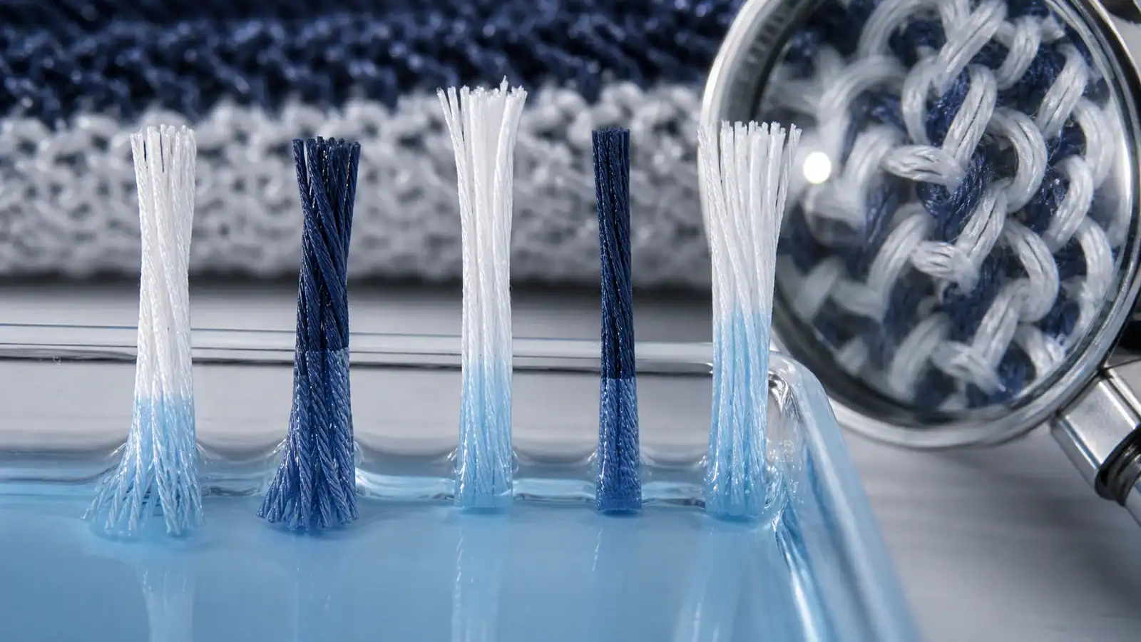 Close-up of moisture-wicking fabric fibers and testing equipment.