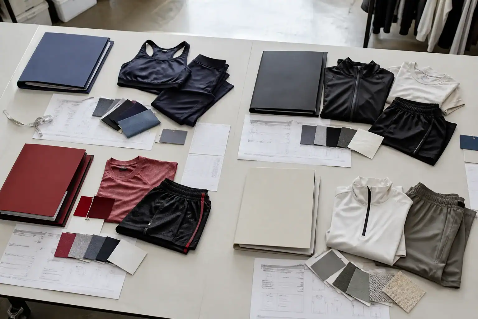Clothing samples, fabric swatches, and design sketches for custom apparel.