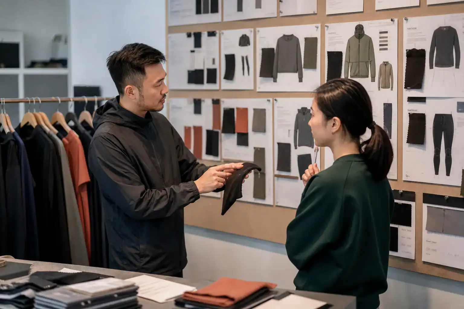 Sourcing team comparing Chinese sportswear supplier models on a wall of product briefs